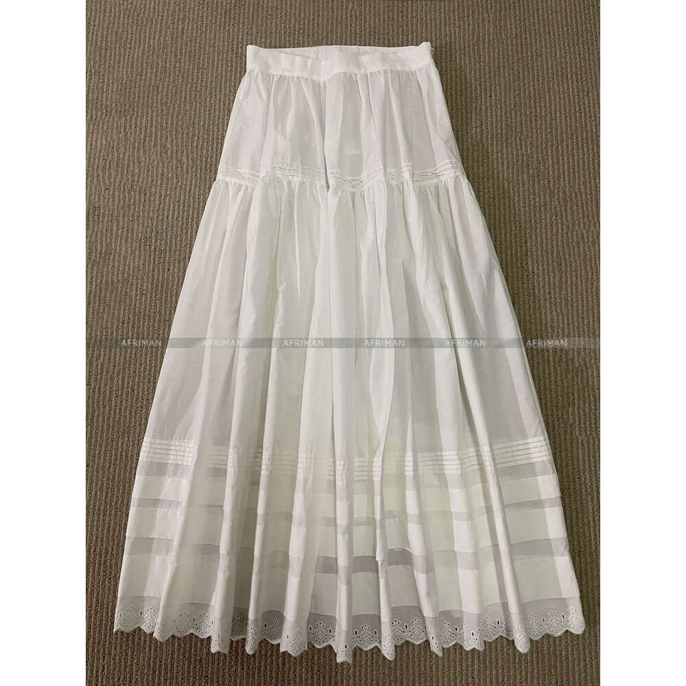 Women High Waist Hollow Out Embroidery Edge Classic White Cotton Skirt