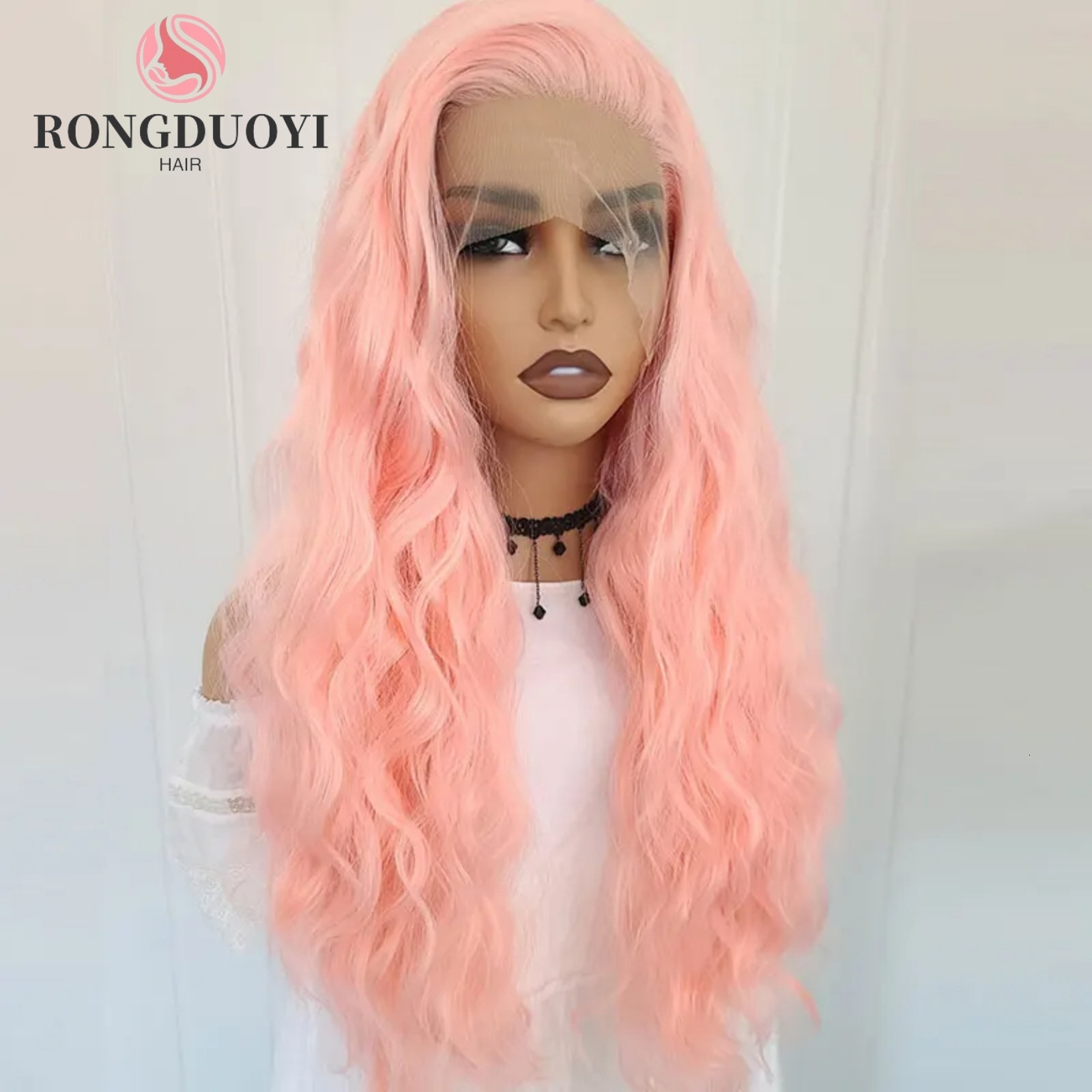13X4 Peach Pink Natural Wavy Synthetic Front Wig Long Curly Light Orange Colored Hair Lace Frontal Wigs for Women Party