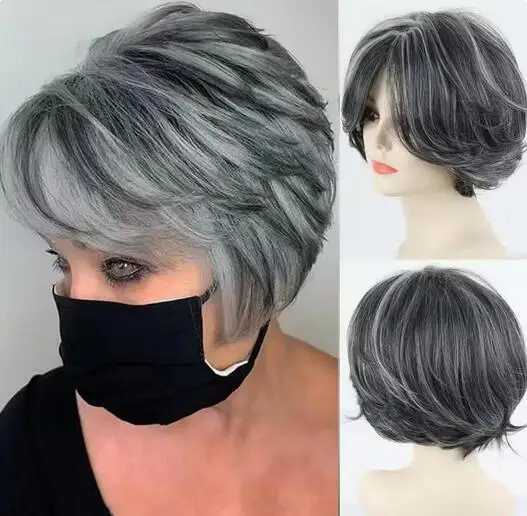 Silver wig grey Umbre womens wig with curtain bangs synthetic highlights grey bob short hair silver multi-layer wig M241028
