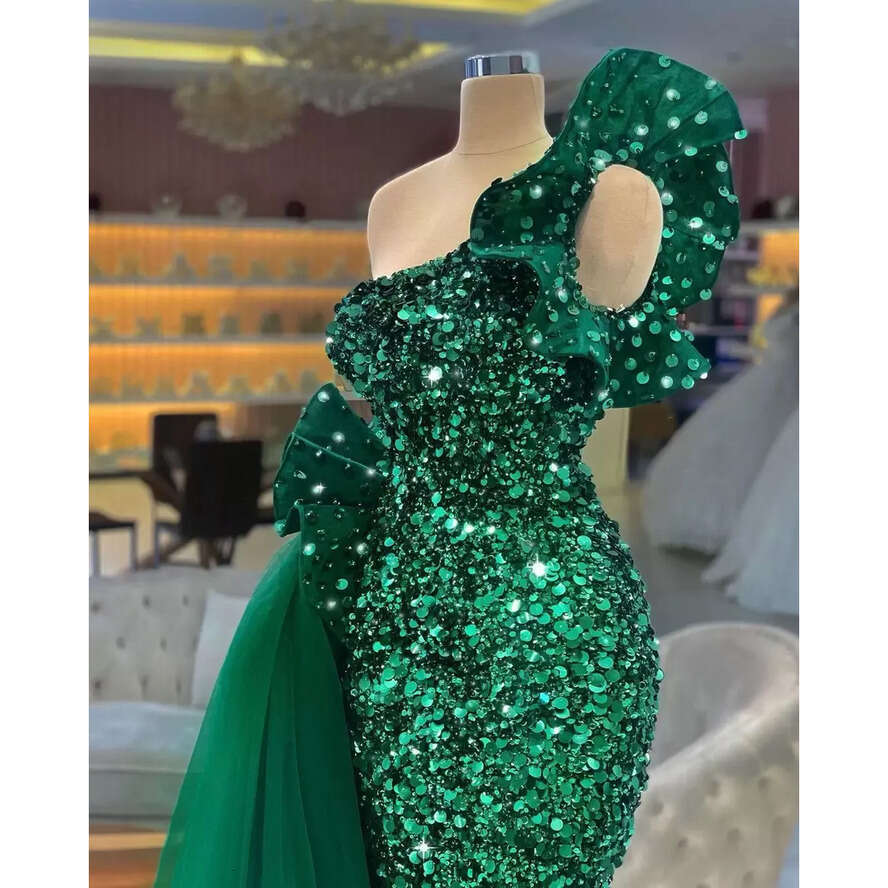 Dark Green Mermaid Evening Dresses Sparkg One Shoulder Sequins Veet Tulle Or Length Prom Dress Pageant Formal Gown Custom Made 0430
