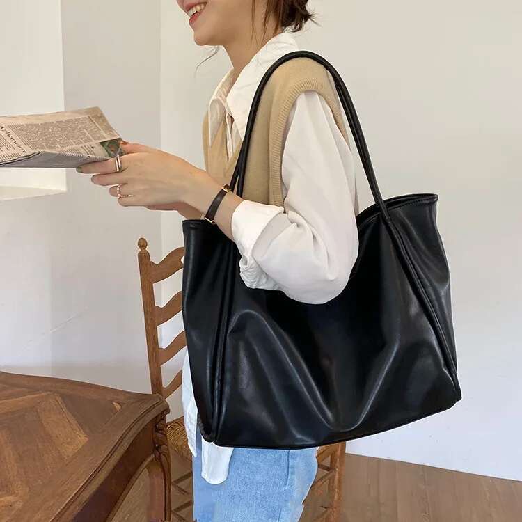 Portable Fashion Bucket Women Tote Large Capacity Soft Pu Leather Shoulder Bag Retro Solid Color Underarm Pouch For Student