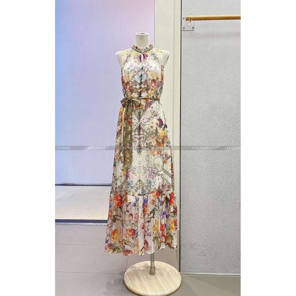 Women Round Neck Sleeveless Retro Print Dia Beaded Lace Up Waist 100% Silk Long Dress