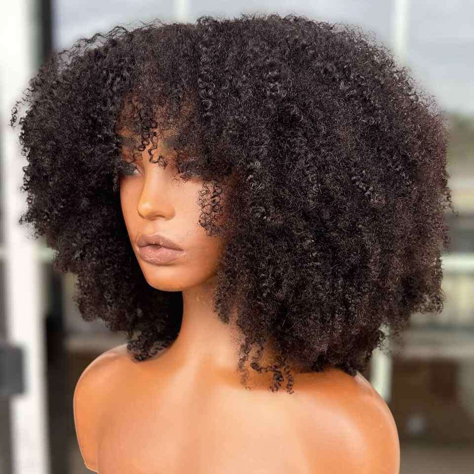 B C Afro Kinky Curly Wig with Bangs Human Hair Full Machine Made NON Lace Density Remy Brazilian Short Bob Wigs