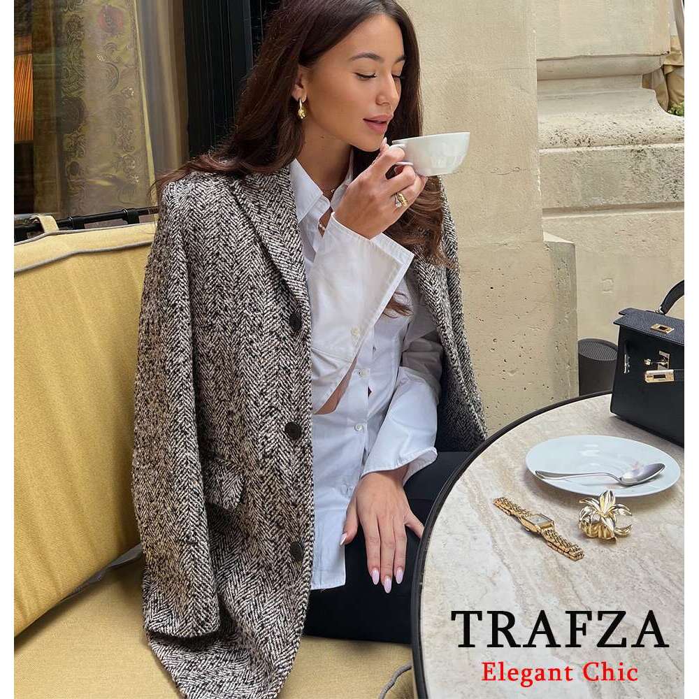 TRAFZA Women Vintage Blended Lapel Buttons Loose With Belt New 2024 Fall Winter Fashion Classic Casual Blazer