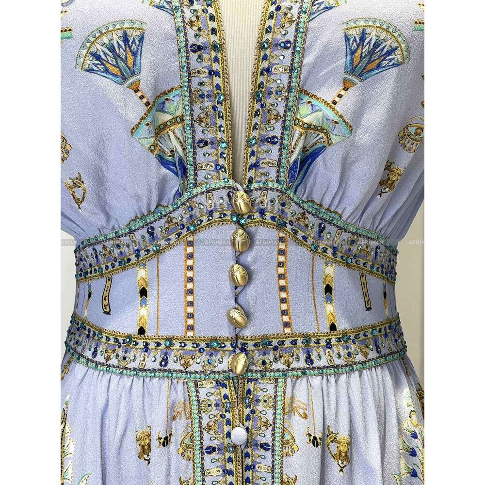 Women V Neck Crystal Beaded Flare Sleeve Elastic Waist Retro Blue Print 100% Silk Long Dress
