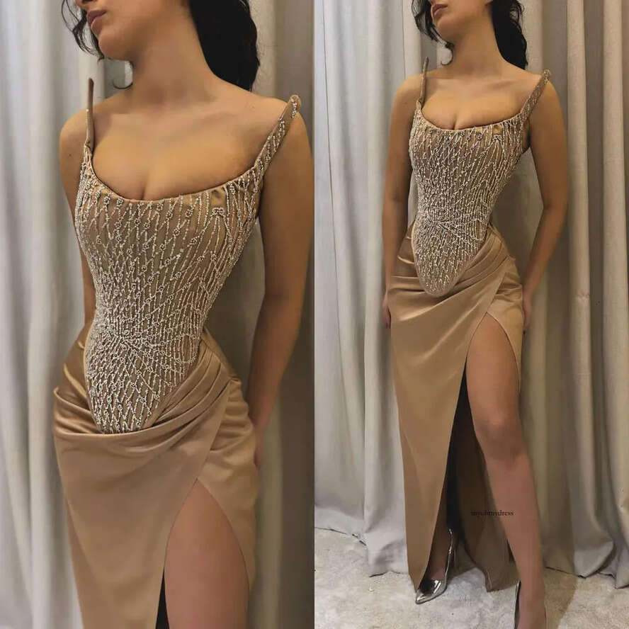 Sexy Tan Prom Dresses Strapless Beads Top Evening Split Formal Long Special Ocn Party Dress 0515