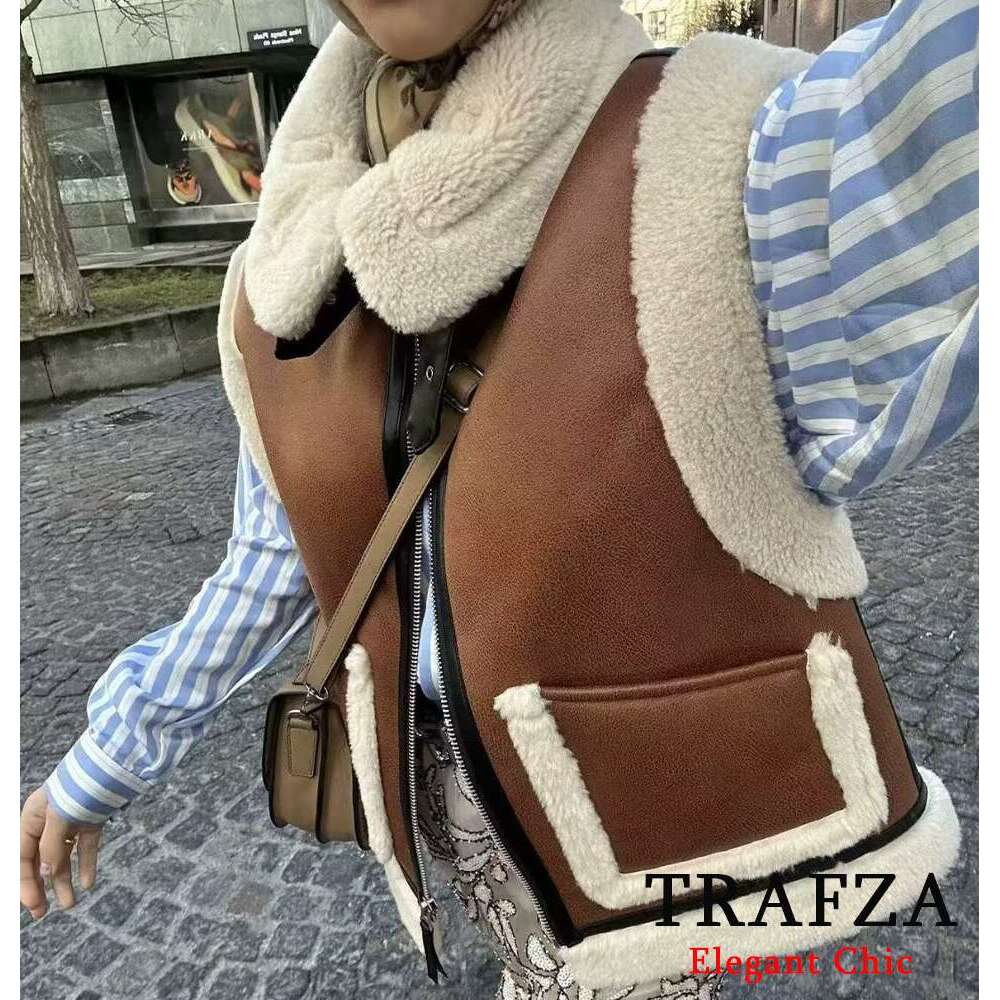 TRAFZA Vintage Fall Winter Fleece Women's Lapel Zipper Pocket New 2024 Fashion Casual Elegant Retro Vest