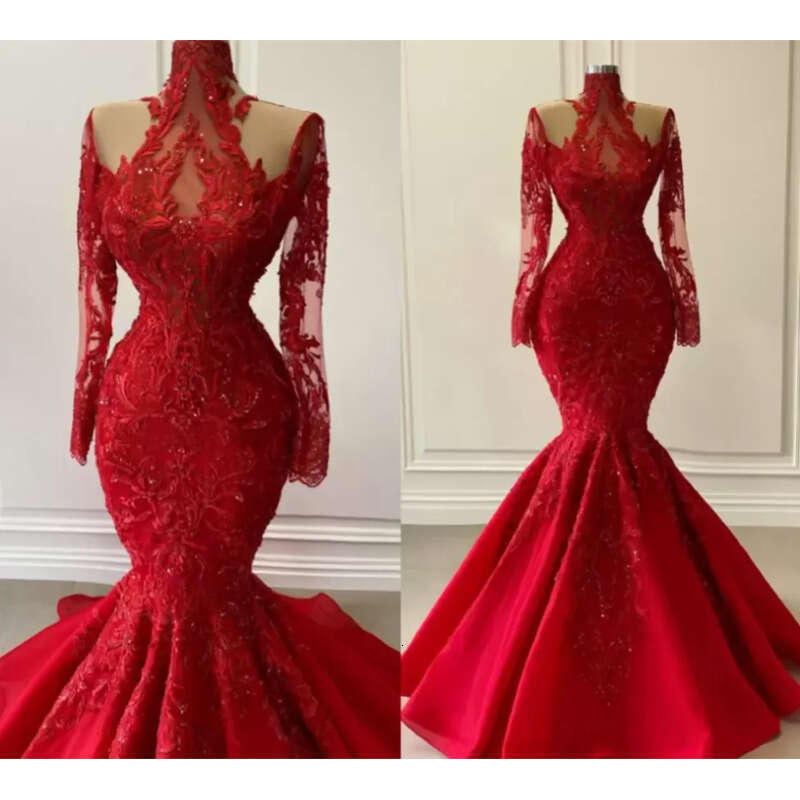Mermaid Evening Red Dresses Plus Size Long Sleeves Sequins Lace Applique Ruffles Custom Made Prom Party Gown Vestido Formal Ocn Wear