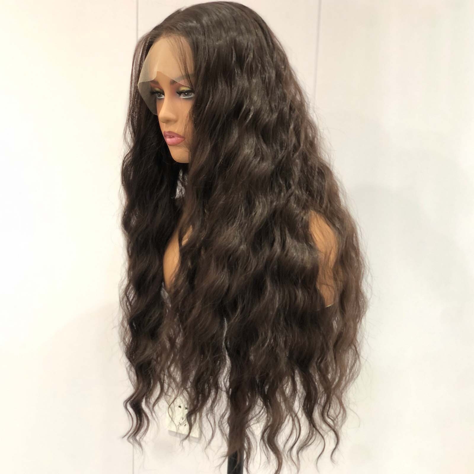 Dark Brown Long Curly Wavy Synthetic Lace Front Wig Loose Deep Natural Brunette Colored Hair 13X4 Frontal Wigs for Women