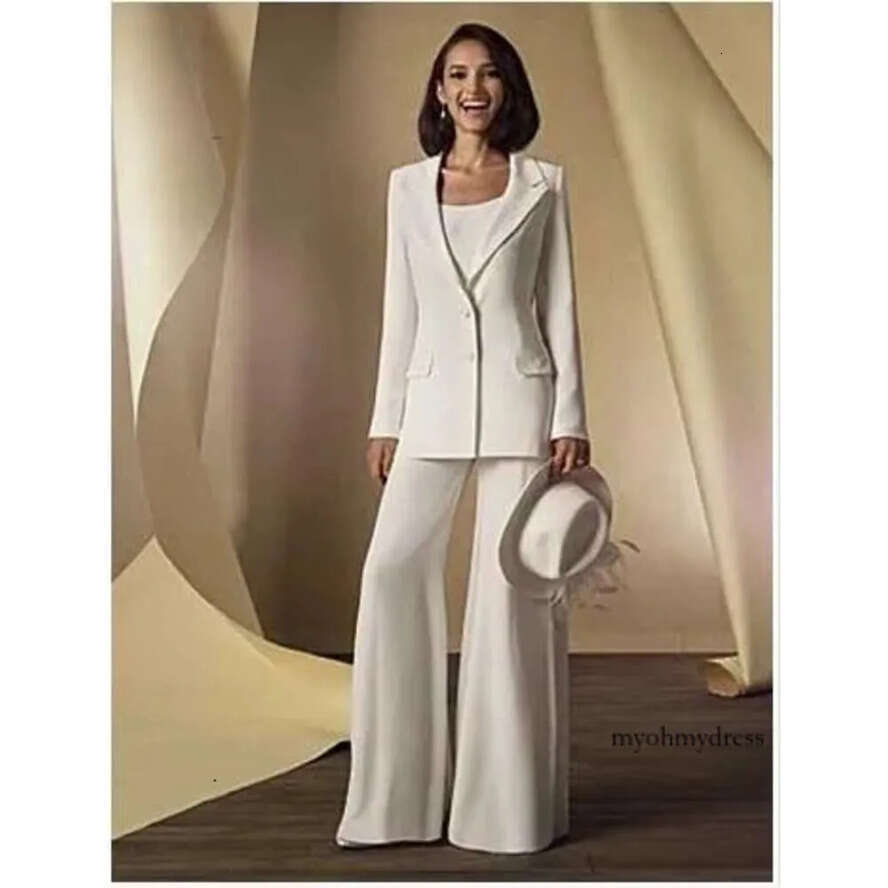 Pieces Three Ivory Chiffon Slim Fit Mother Bride With Long Sleeve Jacket Trumpet Pants New Trend Women Pant Suits