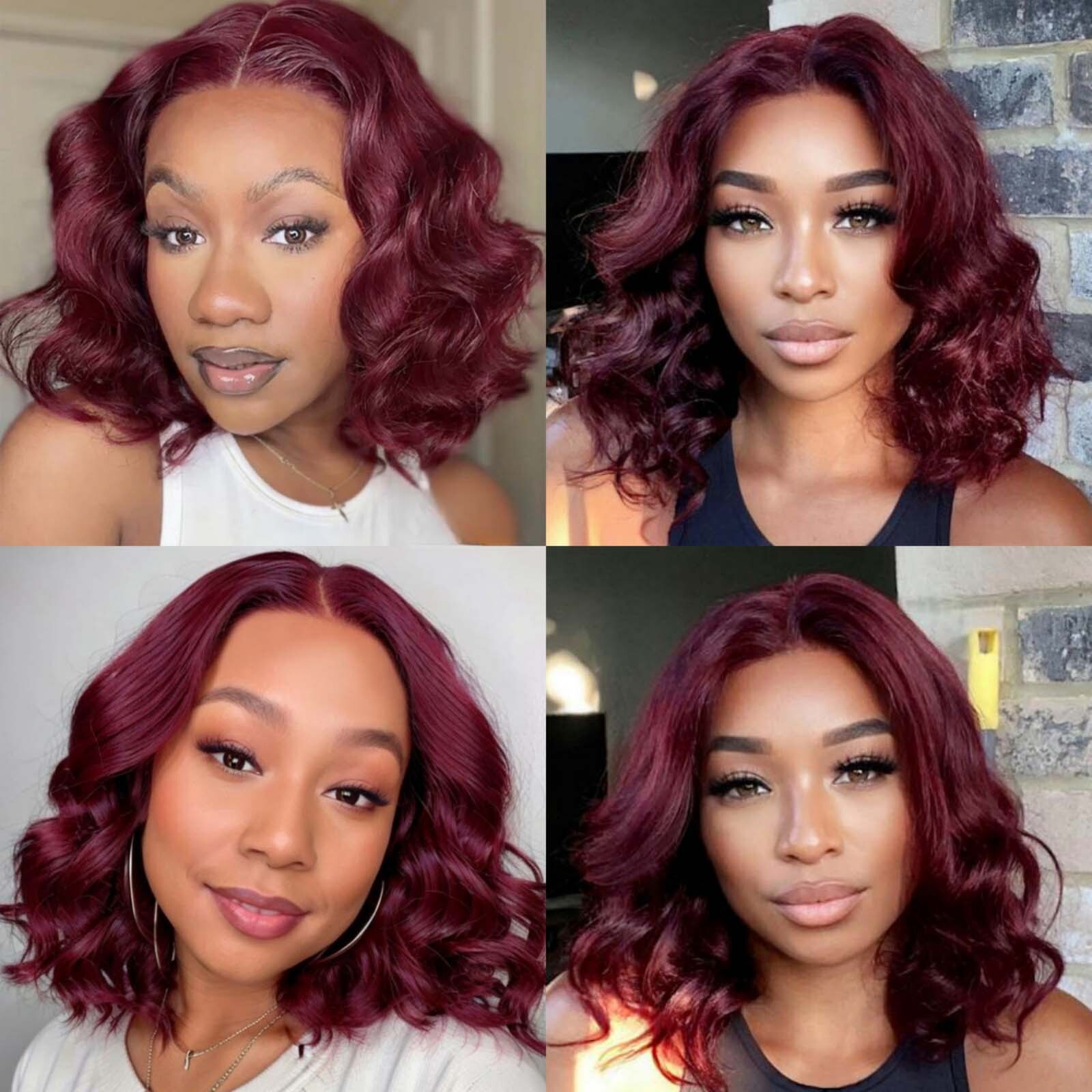 Short Bury Wigs for Women Synthetic Hair Shoulder Length Bob Curly Wavy Dark Colored 13X4 Frontal Red Lace Front Wig