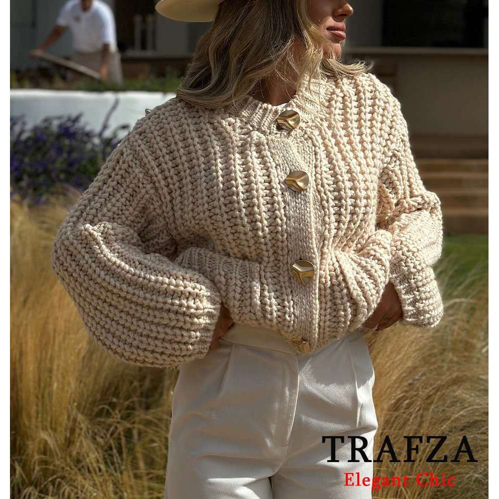TRAFZA Women Fashion Cable Knit Gold-Color Button Jacket New Spring Fall Casual Simple Knitted Coat