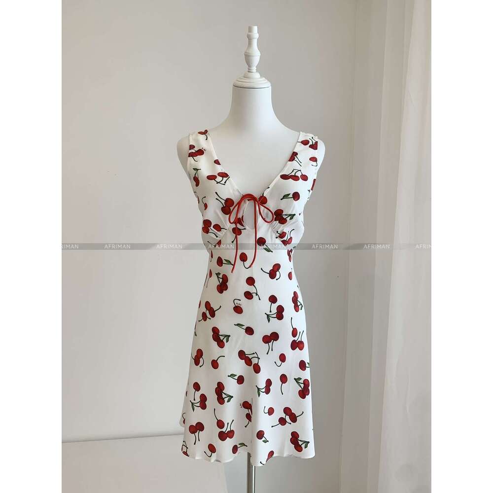 Women Sexy Deep V Neck Sleeveless Red Cherry Print Mini Silk Dress