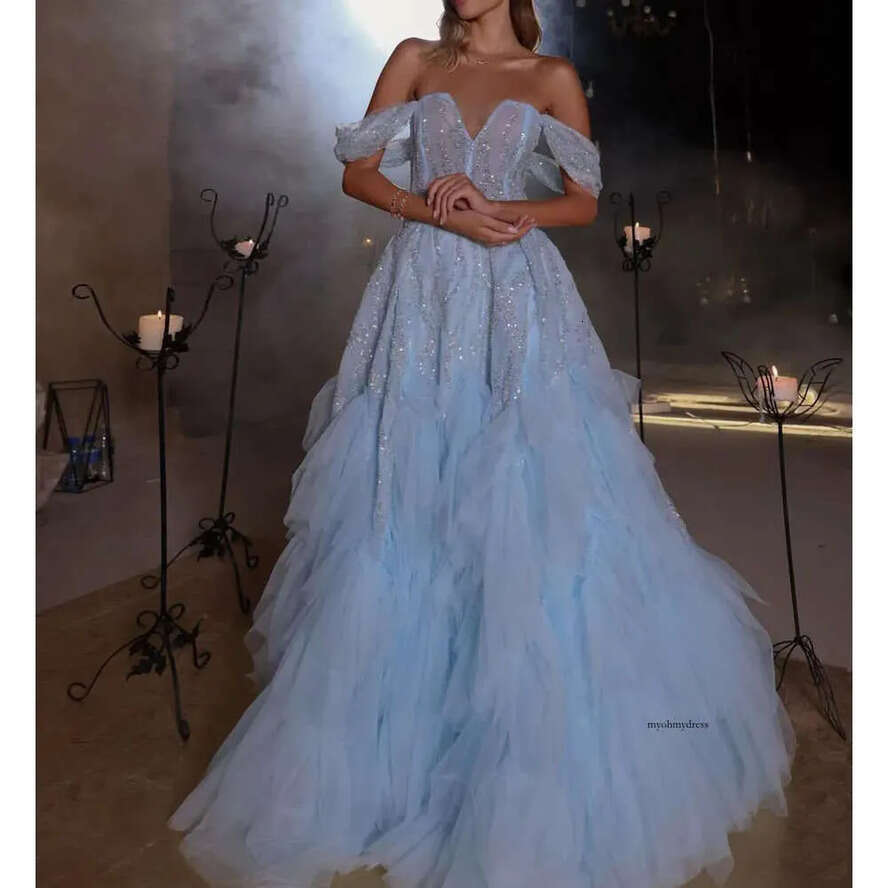 Blue Prom Sleeveless V Neck Off Shoulder Appliques Shiny Sequins Dresses Lace Layered Or Length Evening Dress Plus Size Custom Made 0431