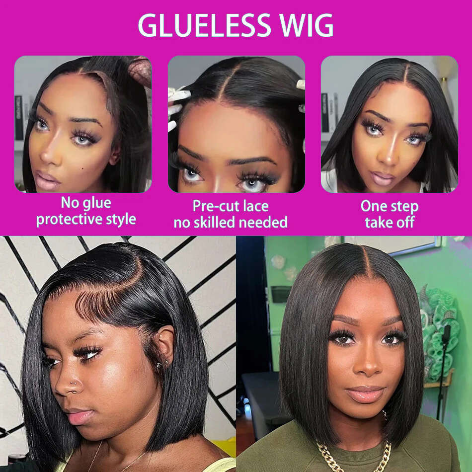 Pretty Diary Bob Straight Human Hair Wigs x HD Lace Frontal Transparent Wig Glueless Closure Precplucked For Women