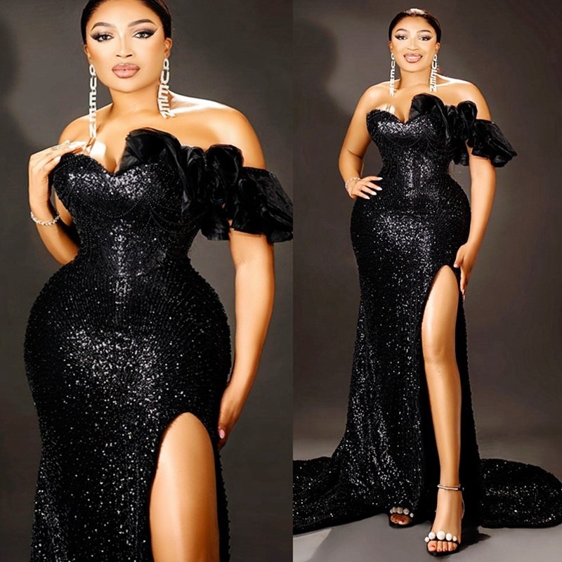 2024 Plus Size Black Prom Dress Evening Dresses Elegant Mermaid Promdress Formal Gowns For Women Off Shoulder Beaded Lace Split Birthday Dress Robe De