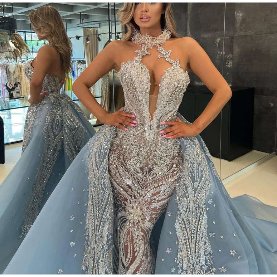 Exquisite Mermaid Prom Dresses Sleeveless V Neck Halter Appliques Beaded Pearls Or Length Detachable Train Evening Dress Bridal Gowns Plus Size Custom