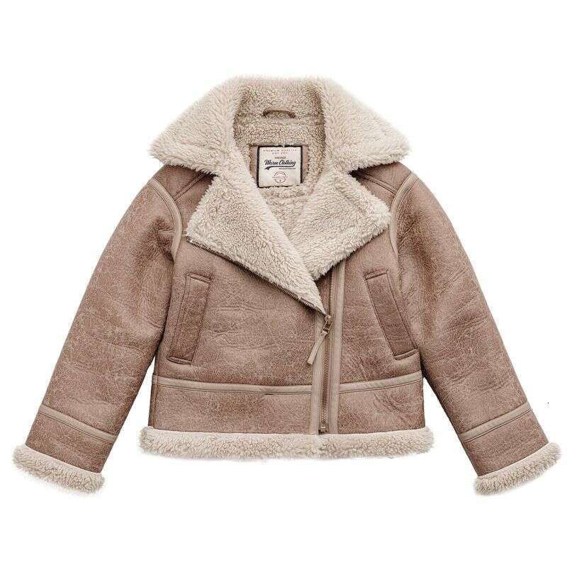 MADEN Women Imitation Lamb Fur Leather 2024 Autumn Winter Long Sleeve Turn-Down Collar Warm Thick Coat Bomber Jacket