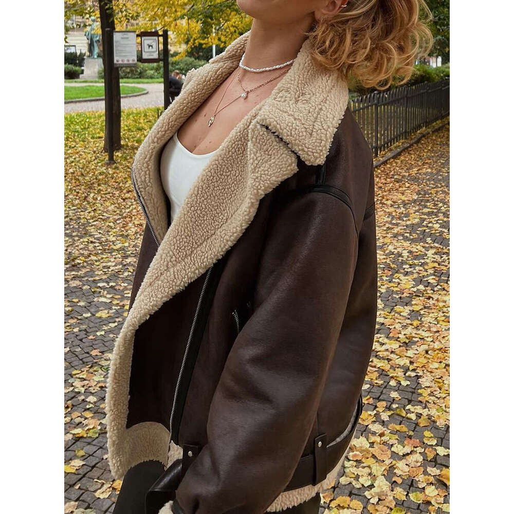 Women PU Leather Coat Faux Lamb Lapel Collar Fleece Ing Long Sleeve Zipper Jacket Outwear With Pockets