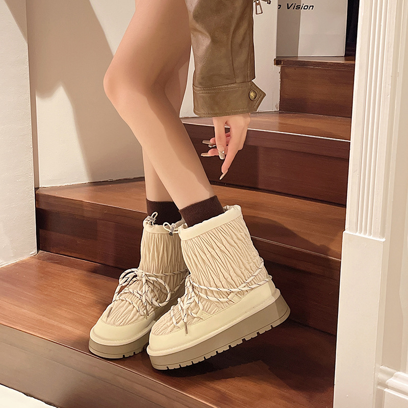 Women's Fashion Boots:Korean Version Thick Sole Incease Height Snow Boots Winter Versatile Anti Slip,Black/Beige,Free shipping