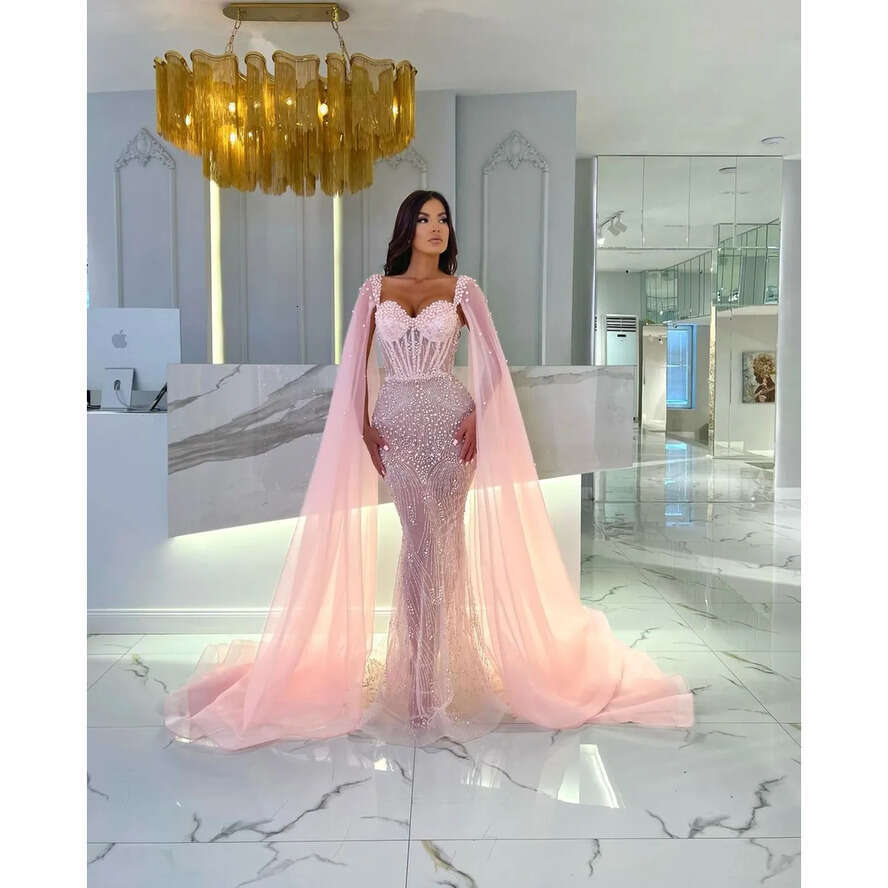 Elegant Pink With Cape Bone Bodice Beading Pearls Formal Prom Party Gowns Dresses For Special Ocns Pleats Evening Gown 0516