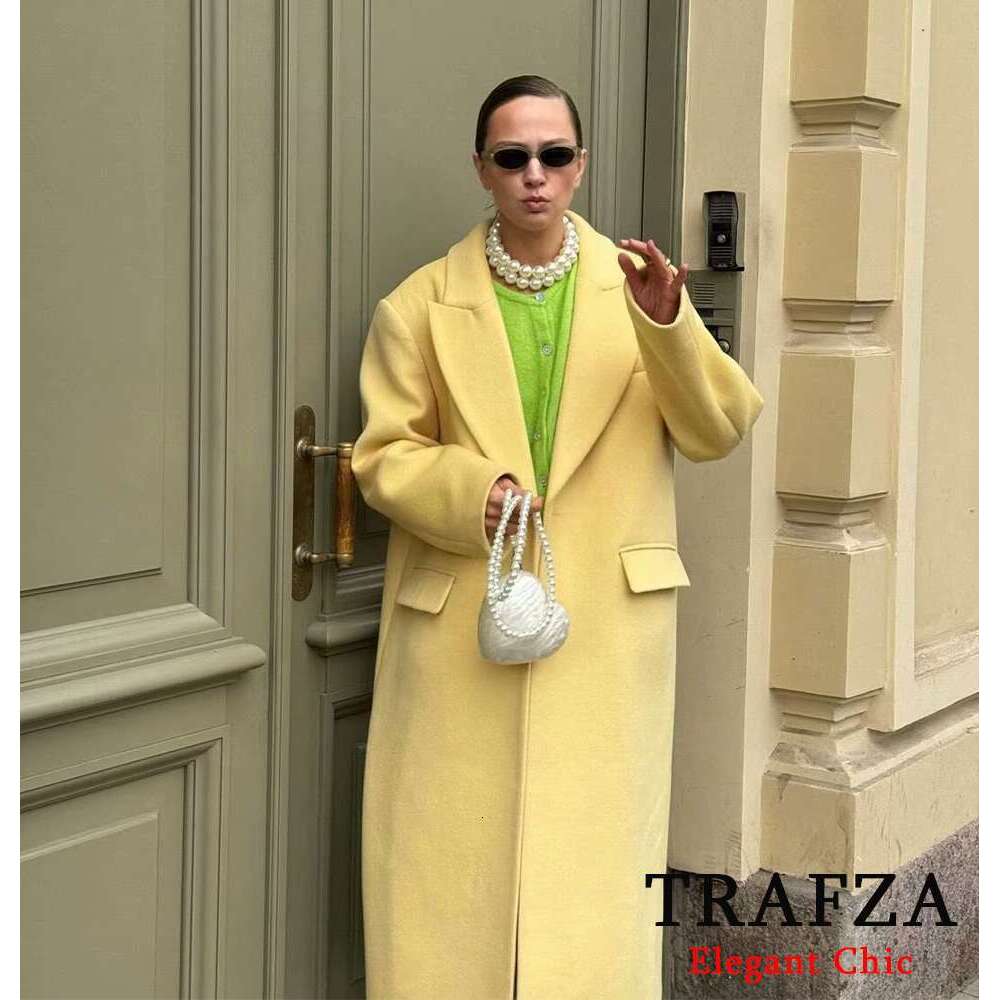 TRAFZA Women Fashion Tweed Lapel Buttons Pocket New 2024 Fall Winter Casual Energetic Yellow Long Coat