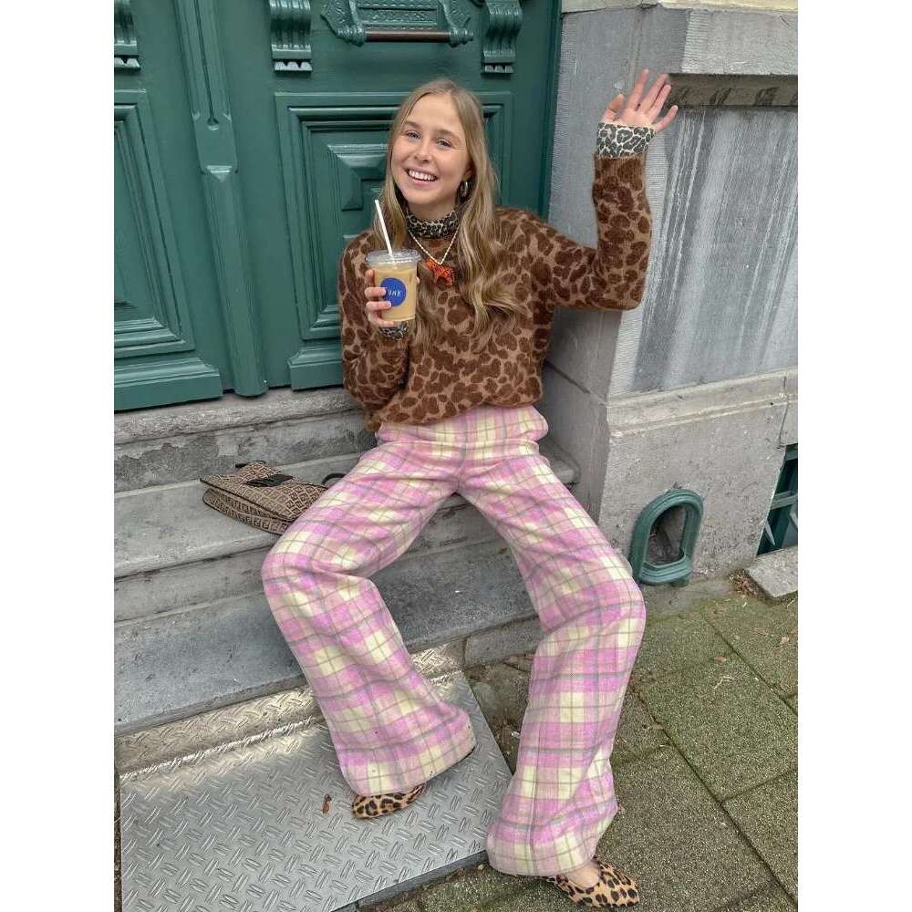 Women Vintage Leopard Print Knitted Pullover Chic Round Neck Long Sleeved Loose Short Sweaters 2024 Autumn New Lady Knitwear