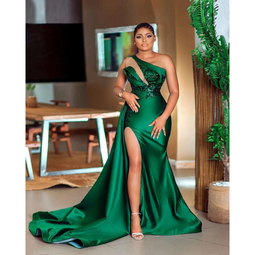 Hunter Green One Shoudler Necke Evening Dresses 2021 High Side Split Long Sweep Vestidos De Fiesta Arabic Aso Ebi Prom Dress 0509