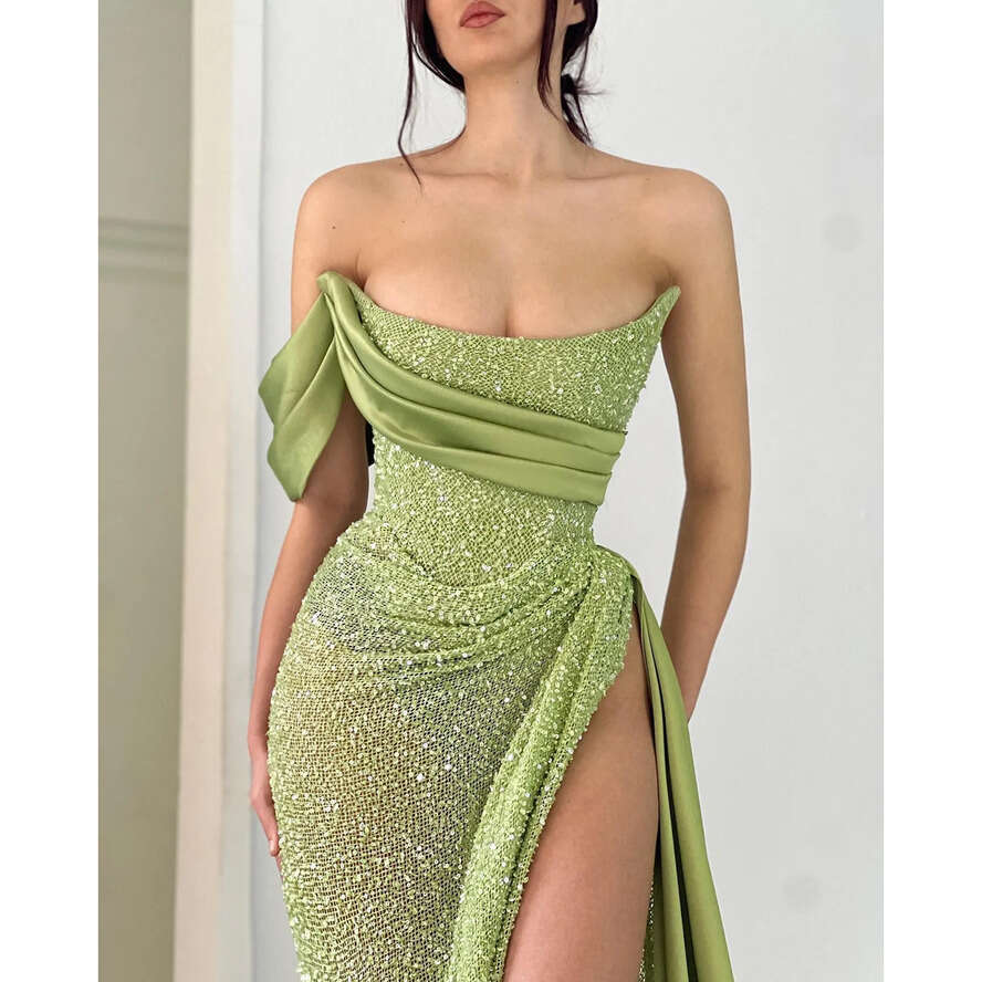 Fashion Green Sequins Prom Dresses Strapless Evening Gowns Pleats Slit Formal Red Carpet Long Special Ocn Party Dress 0515