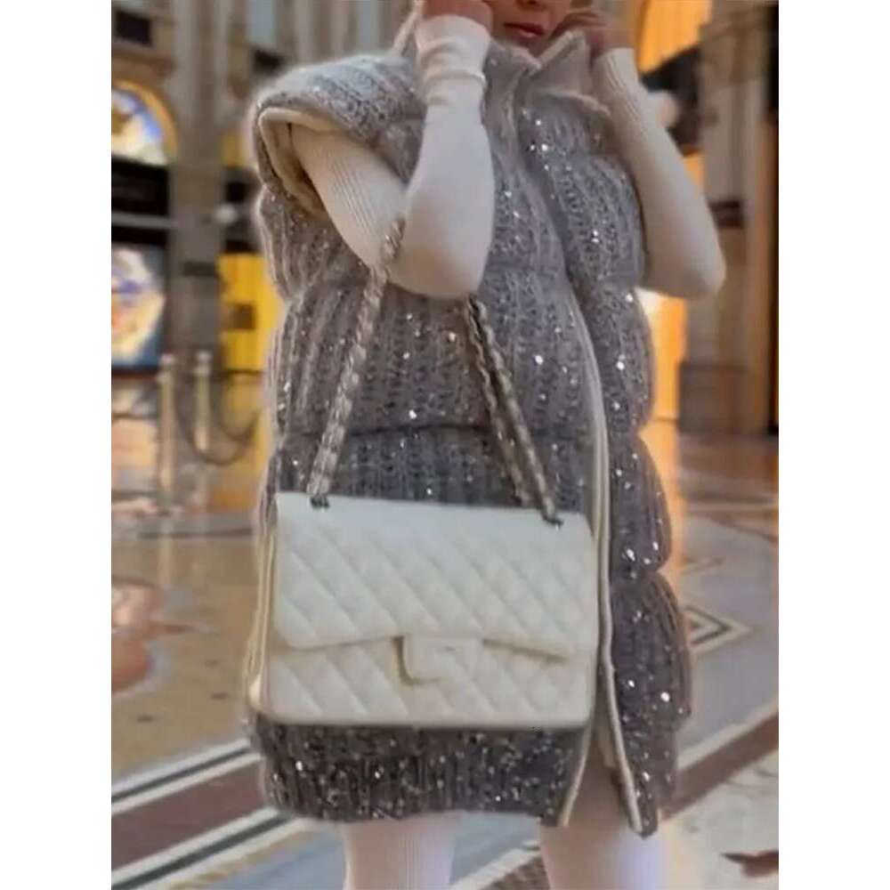 2024 Gradient Sequins Sleeveless Knitted Vest Fashion Stand Collar Zipper Short Coat Autumn Winter New Warm Street Waistcoat