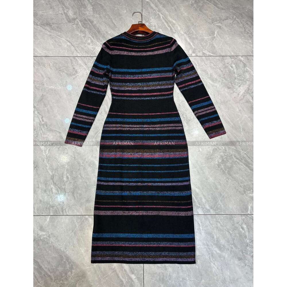 Women Round Neck Colorful Striped Long Sleeve Knit Midi Dress