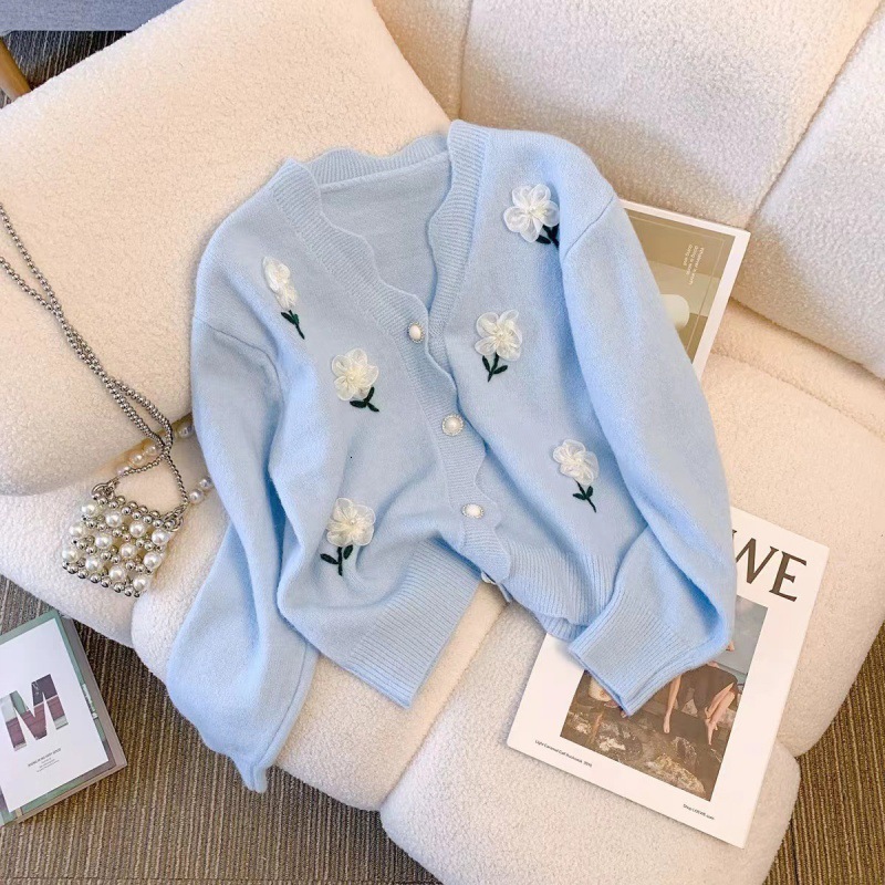 Autumn And Winter New Soft Glutinous College Style Small Sweater Jacket Women Korean Three Dimensional Flower Knitted Cardigan For Women F1028#40
