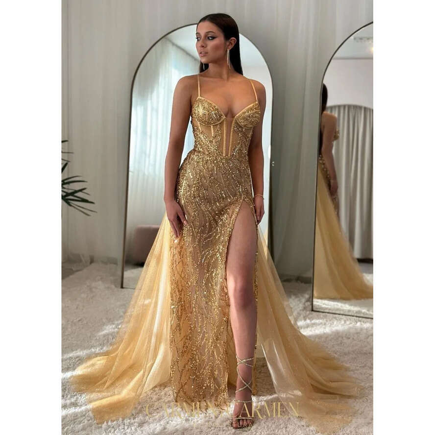 Mermaid Gold Prom Dress Thigh Split Illusion Formal Evening Elegant Detachable Overskirt Glitter Sequins Party Dresses For Special Ocns Promdress