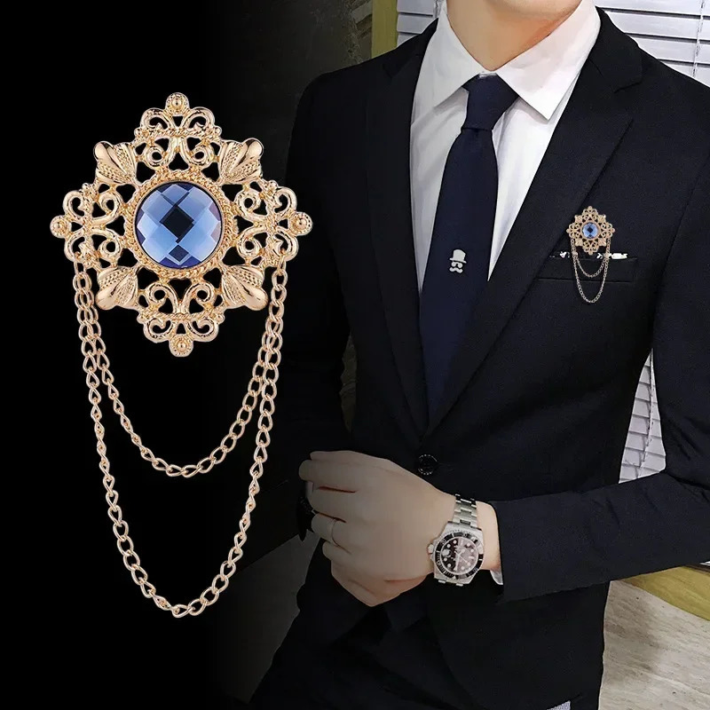 Retro Gem Brooch Mens Suit Pin Vintage Cross Tassel Lapel Pins with Chain Badge Jewelry Accessories 241028