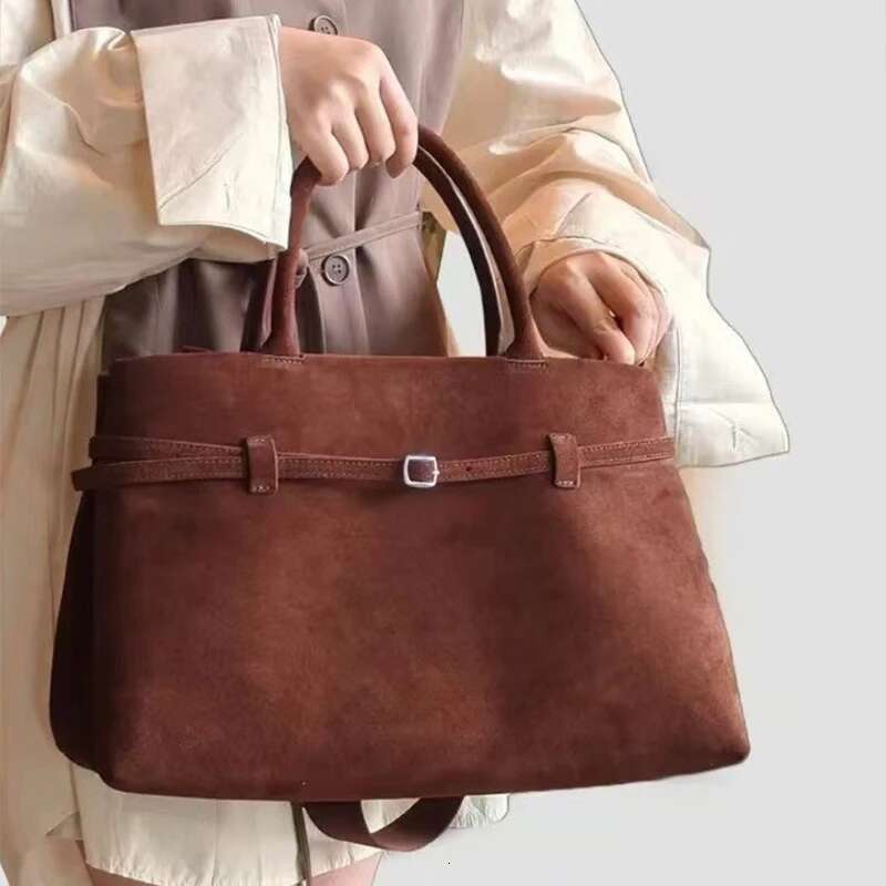 Trendy Autumn Brown Tote Women's Retro Suede Large Capacity Shoulder Belt Buckle Design Ladies Underarm Commuter Bag