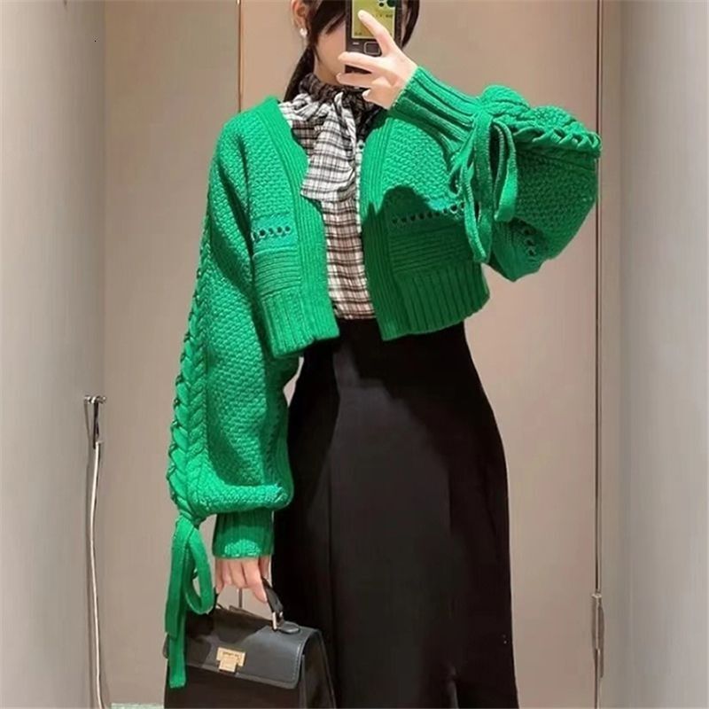 Small Shawl Women S Autumn And Winter New Product Knitted Cardigan Jacket Short Style Twisted Flower Solid Color V Neck Sweet Tie F1028#32