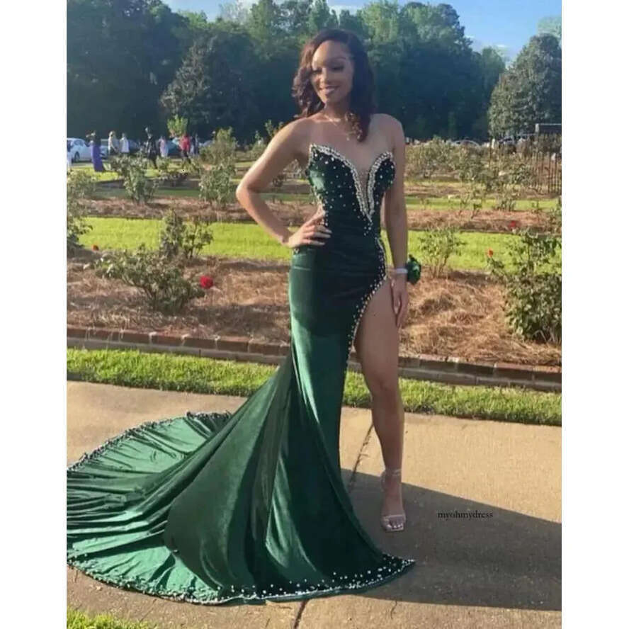 Emerald Green Long Evening Prom Dresses Crystal Rhie Vestidos De Festa High Split Formal Party Mermaid Veet Pageant Gown Strapless 0510