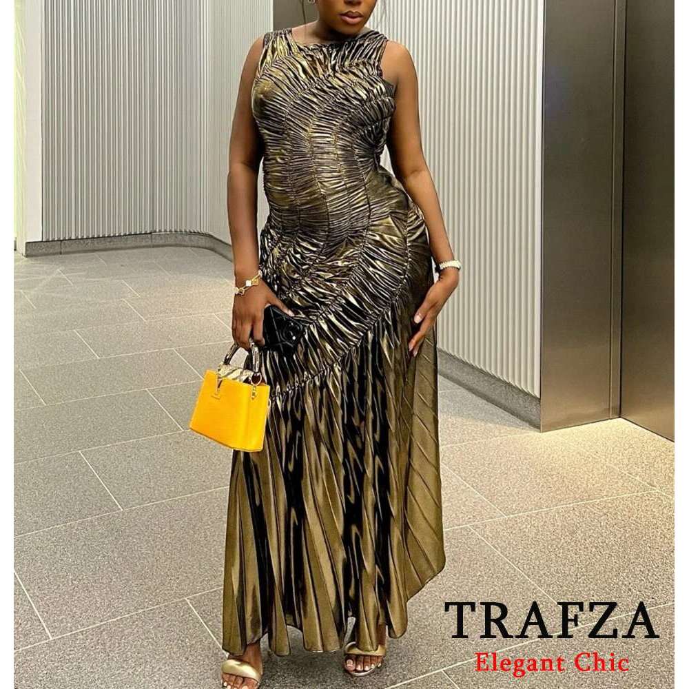 TRAFZA Elegant Metallic Color Women's Sleeveless Shirred New 2024 Spring Summer Sexy Glamorous Party Vacation Dress