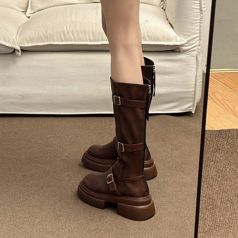 natural Women's suede leather chunky heel platform metal buckle punk female autumn New knee high side zip knight boots shoes