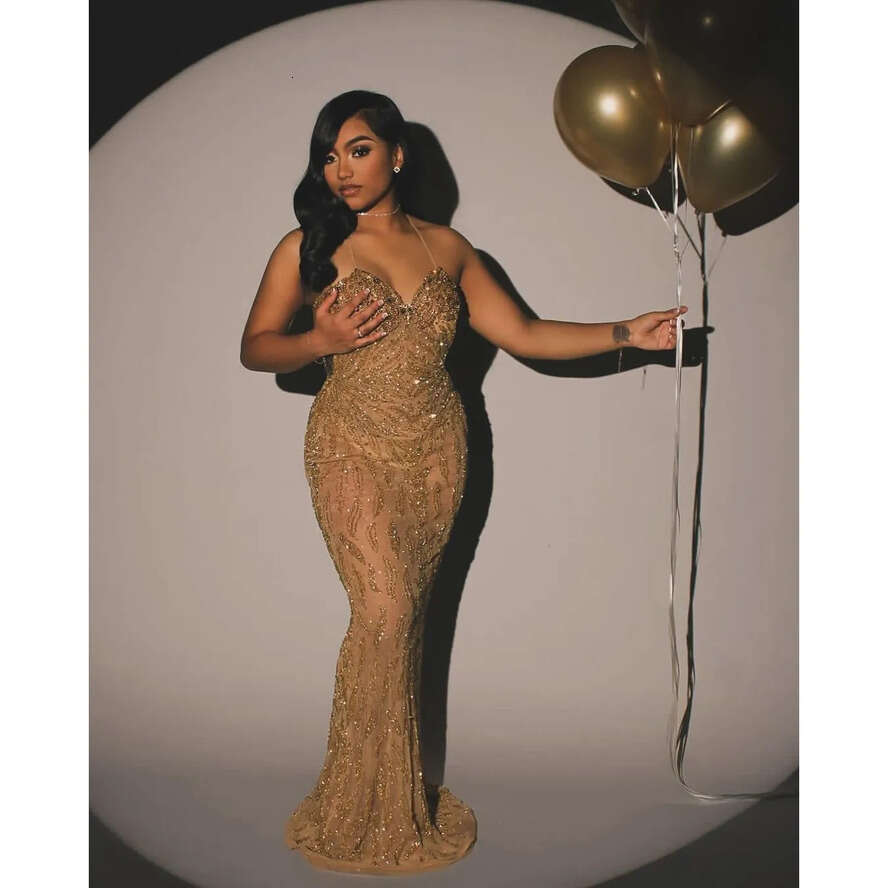 Evening Gold Dress Beads Sequined Backless Illusion Sexy Birthday Party Prom Dresses Vestidos De Gala Custom Made