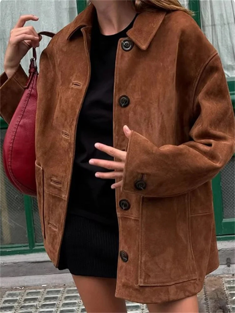 Brown single chest womens suede jacket casual lapel long sleeved womens short jacket autumn high street womens warm jacket 241025