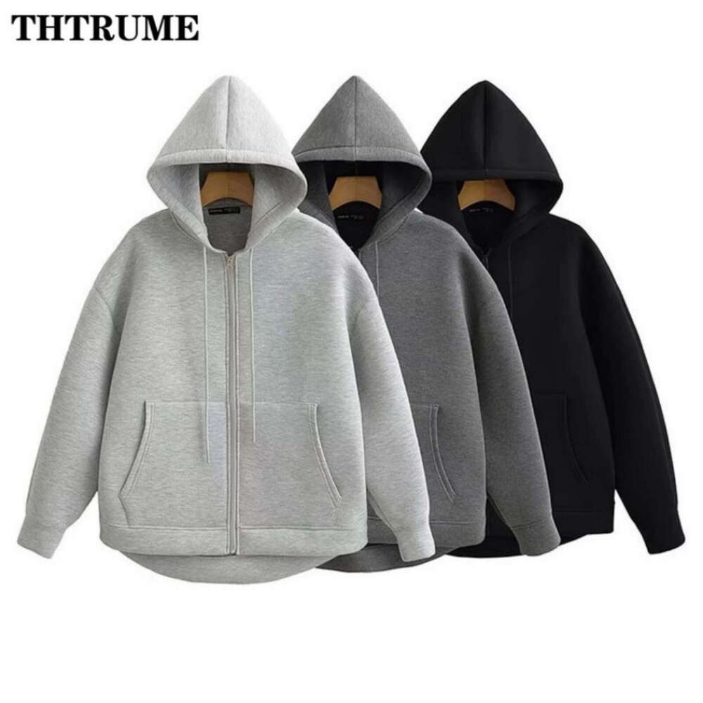 2024 New Autumn Hoodies Fashion Women Solid Zipper Oversized High Street Unisex Hooded Tops Casual Streetwear Pocket Sweatshirts