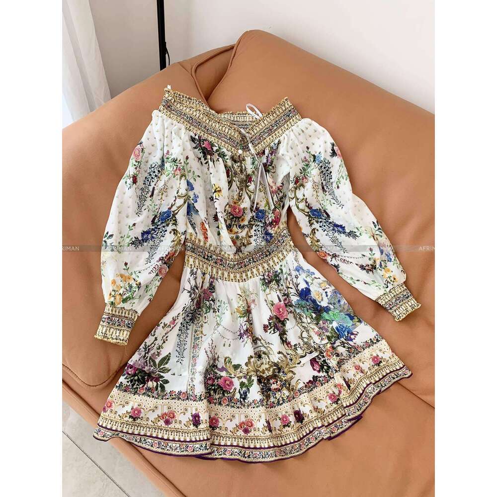 Women Slash Collar Long Sleeve Crystal Beaded Retro Wer Print Elastic Waist Mini Silk Dress