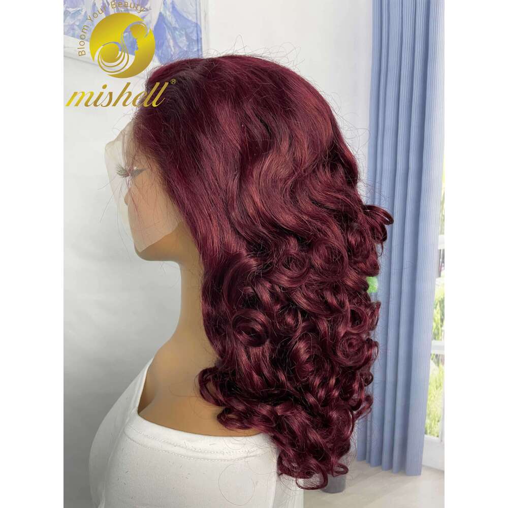 inch x Full Lace Frontal Spring Bouncy Curly Human Hair Wigs Density Burgundy J Short Loose Wave Bob Wig PrePlucked