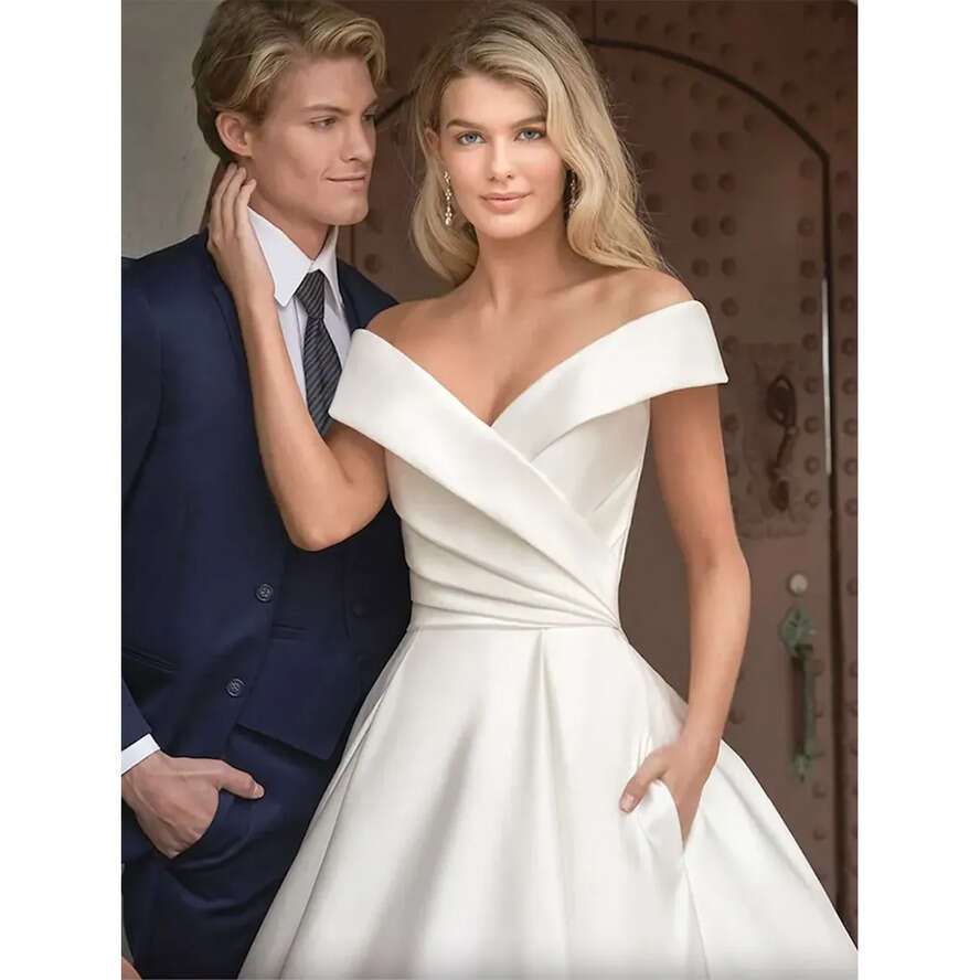 Off Vintage Shoulder A E Wedding Dresses For Brides Simple Satin Elegant Pleated Boho Garden Bridal Gowns Long Court Train Drapped Second Reception Dr