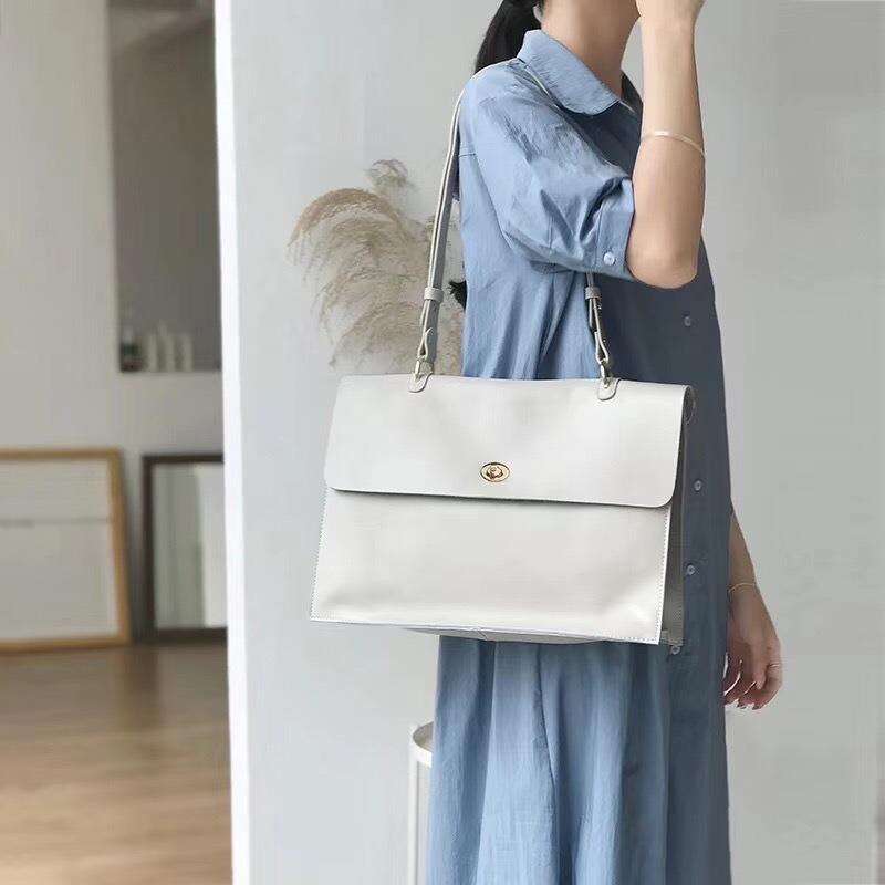 simple solid color style largecapacity commuter shoulder cowhide leather briefcase flip tote 14inch computer bag