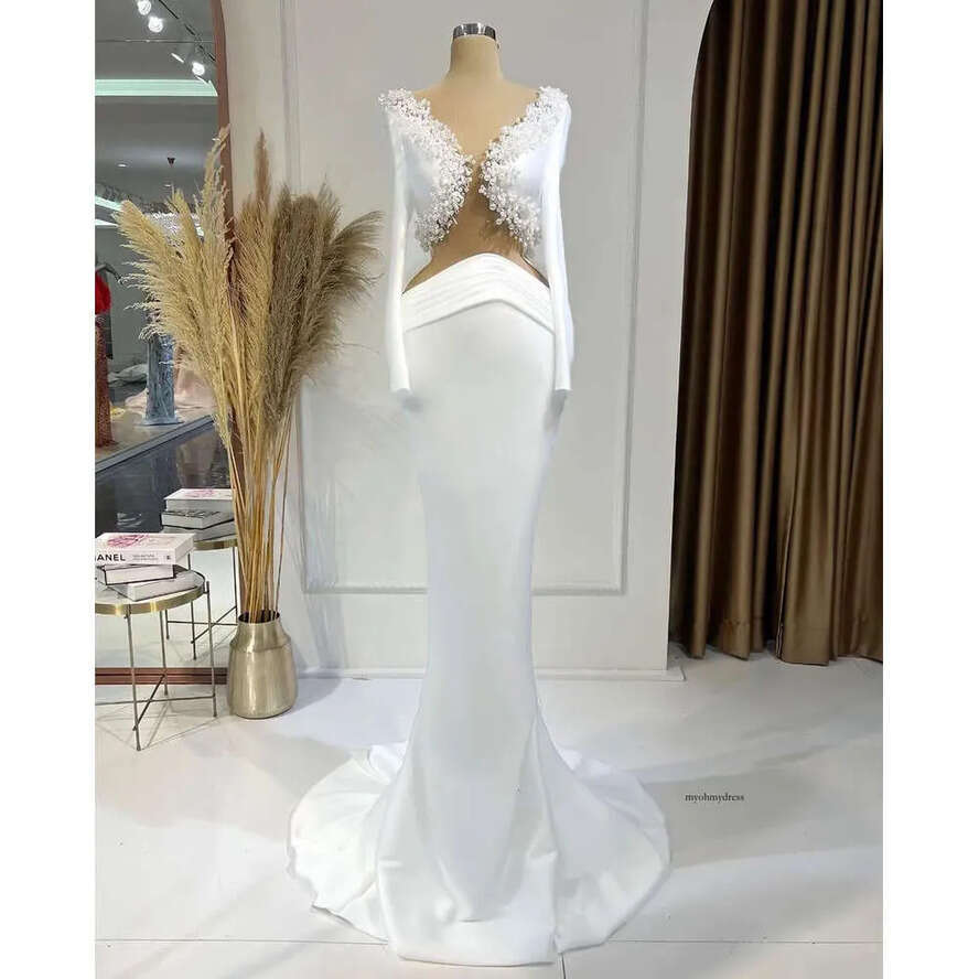 Mermaid Prom Dresses Long Sleeves V Neck Satin Pearls Appliques Sequins Or Length Celebrity Waistless Evening Dress Bridal Gowns Plus Size Custom Made