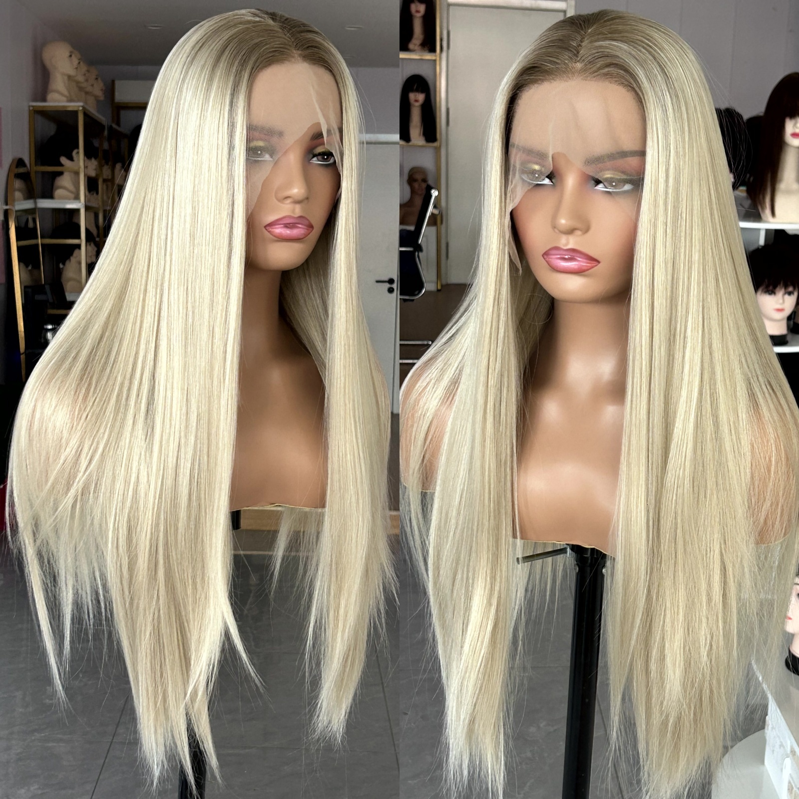 Ombre Lace Front Long Straight Synthetic Wig Brown Blonde Highlight Colored Hair 13X4 Frontal Wigs for Women Party Cosplay