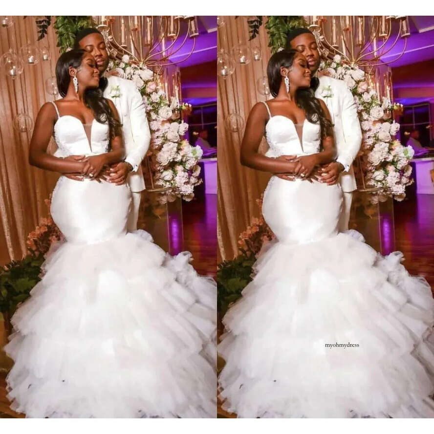 African Plus Size Mermaid Dresses Spaghetti Straps Lace Applique Or Length Tiered Tulle Dubai Arabic Wedding Dress Bridal Gowns 0430