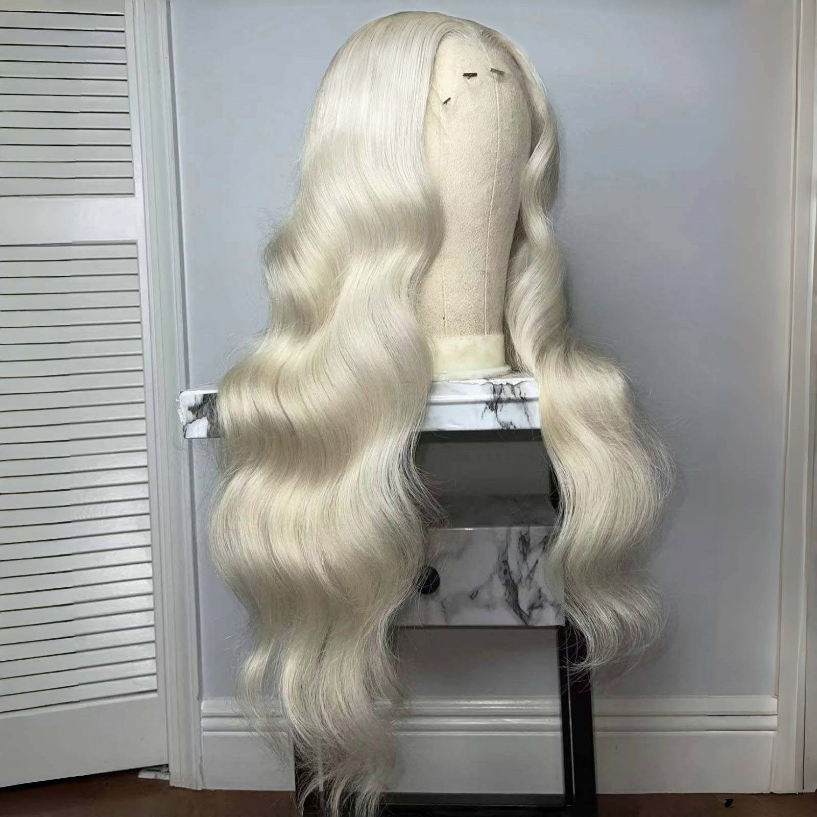 White Platinum Blonde Body Wave Synthetic Front Wig Glueless Long Natural Wavy Hair Frontal Lace Wigs for Women Fashion